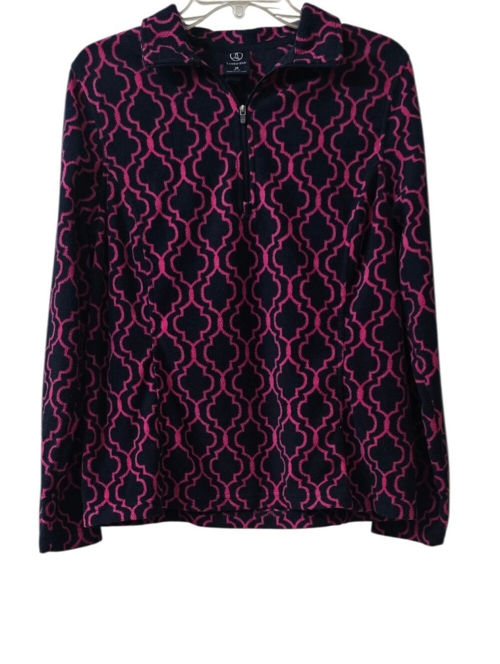 Lands' End Navy Pullover with Pink Geometric Print Quarter-Zip Size M
